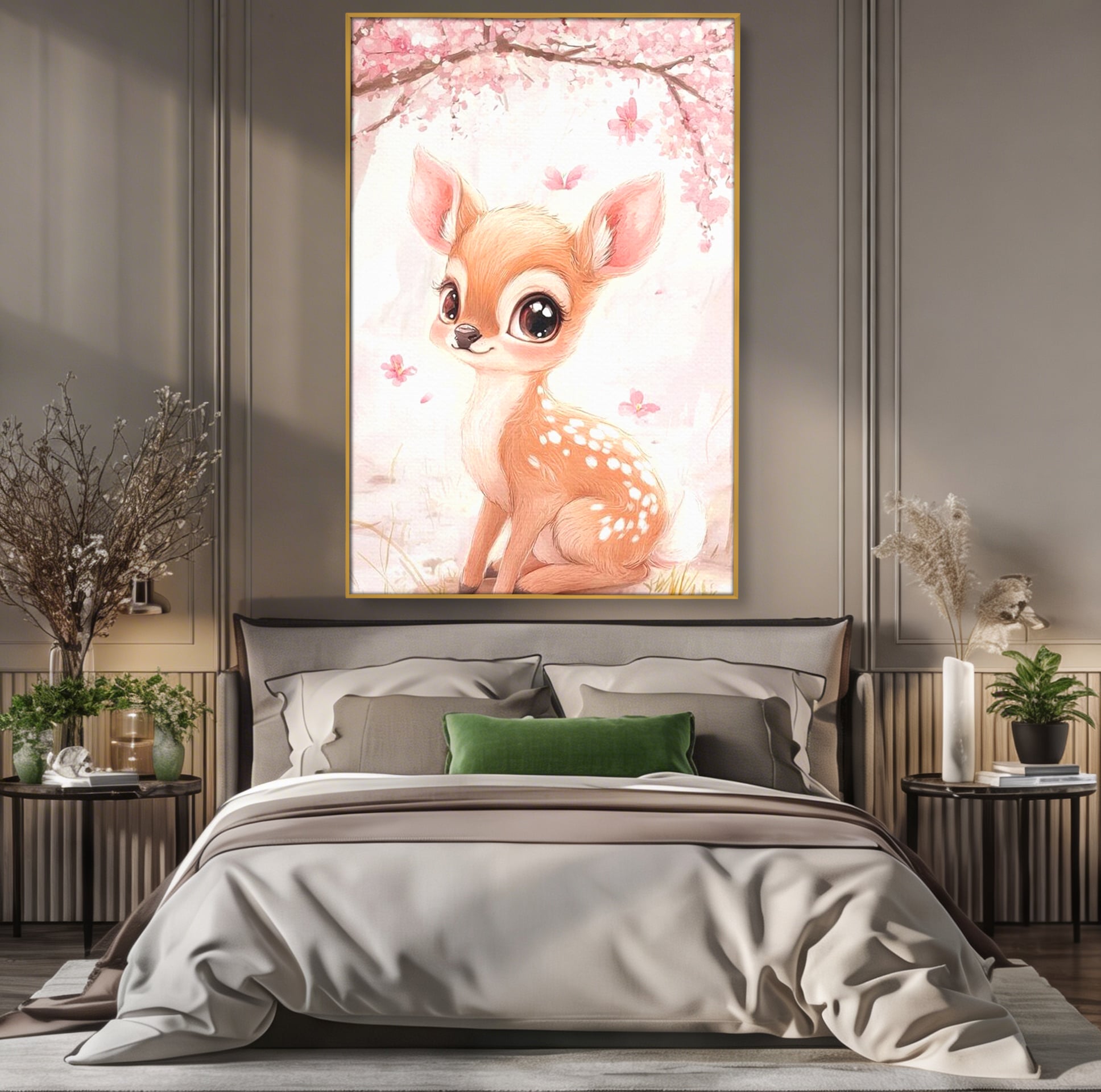 Tablou canvas cu ilustratie cu un pui de caprioara, in rama de aluminiu auriu, pe perete intr-un dormitor
